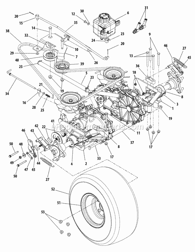 Transmissions And Drive Belt Diagram and Parts List for FMZ50 17AF4BFP010, 17AF4BFP210, 17AF4BFP009, 17AF4B Cub Cadet Lawn Mower